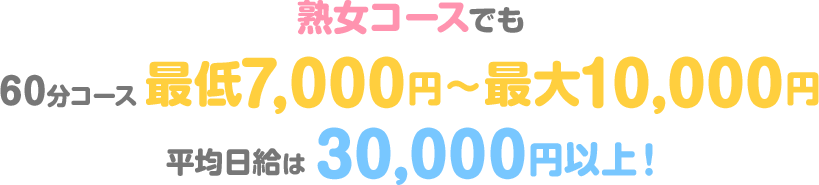 熟女コースでも60分コース最低7,000円～最大10,000円平均日給は30,000円以上！